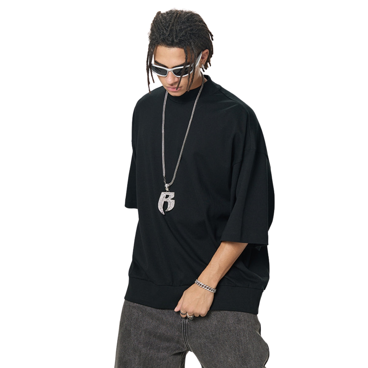 Relaxed Drop Shoulder Rib Hem BF Fit Casual Tee
