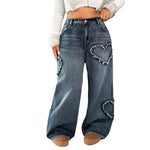 Women’s High Waisted Distressed Heart Pattern Wide Leg Jeans