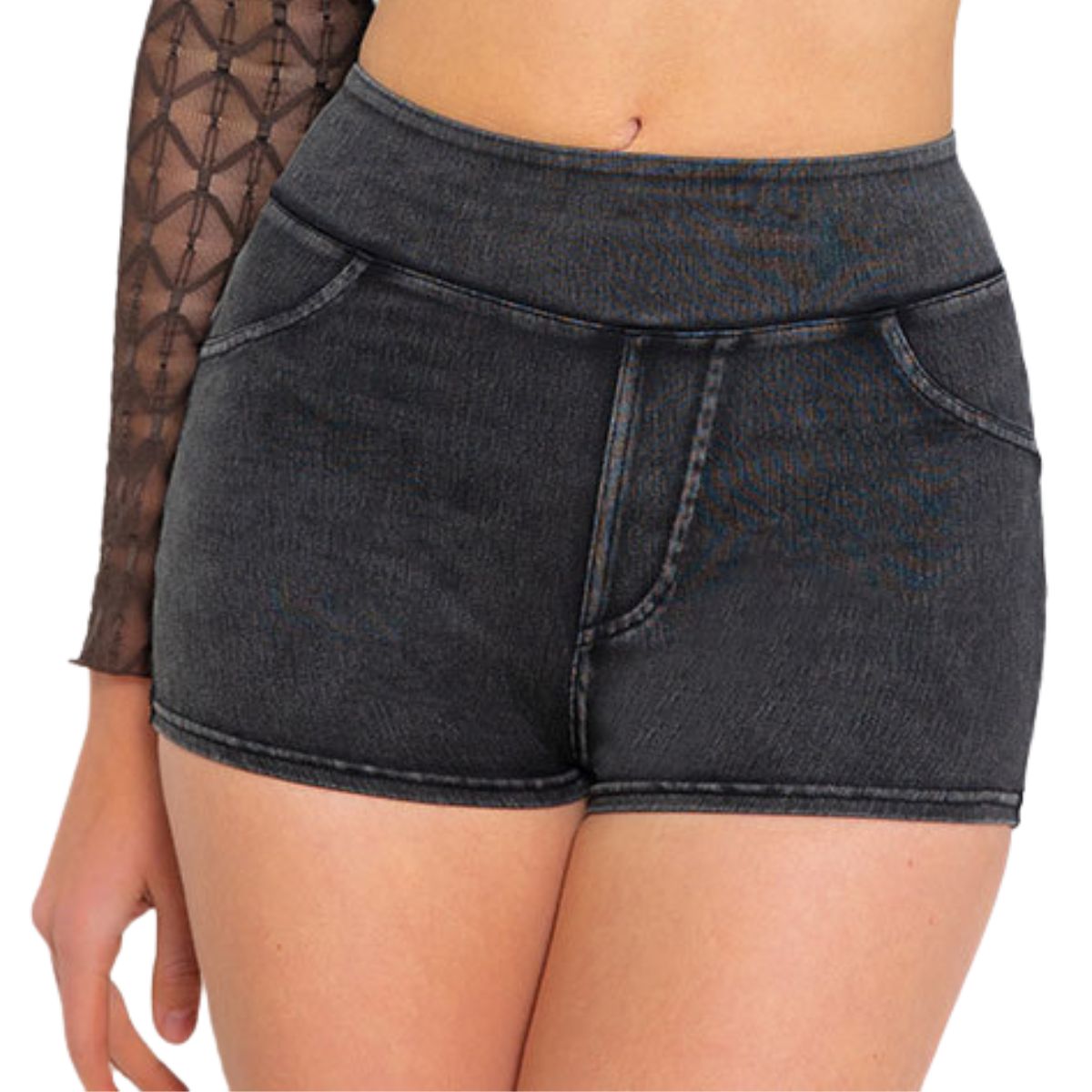 Mid-Waisted Washed Knit Denim Shorts