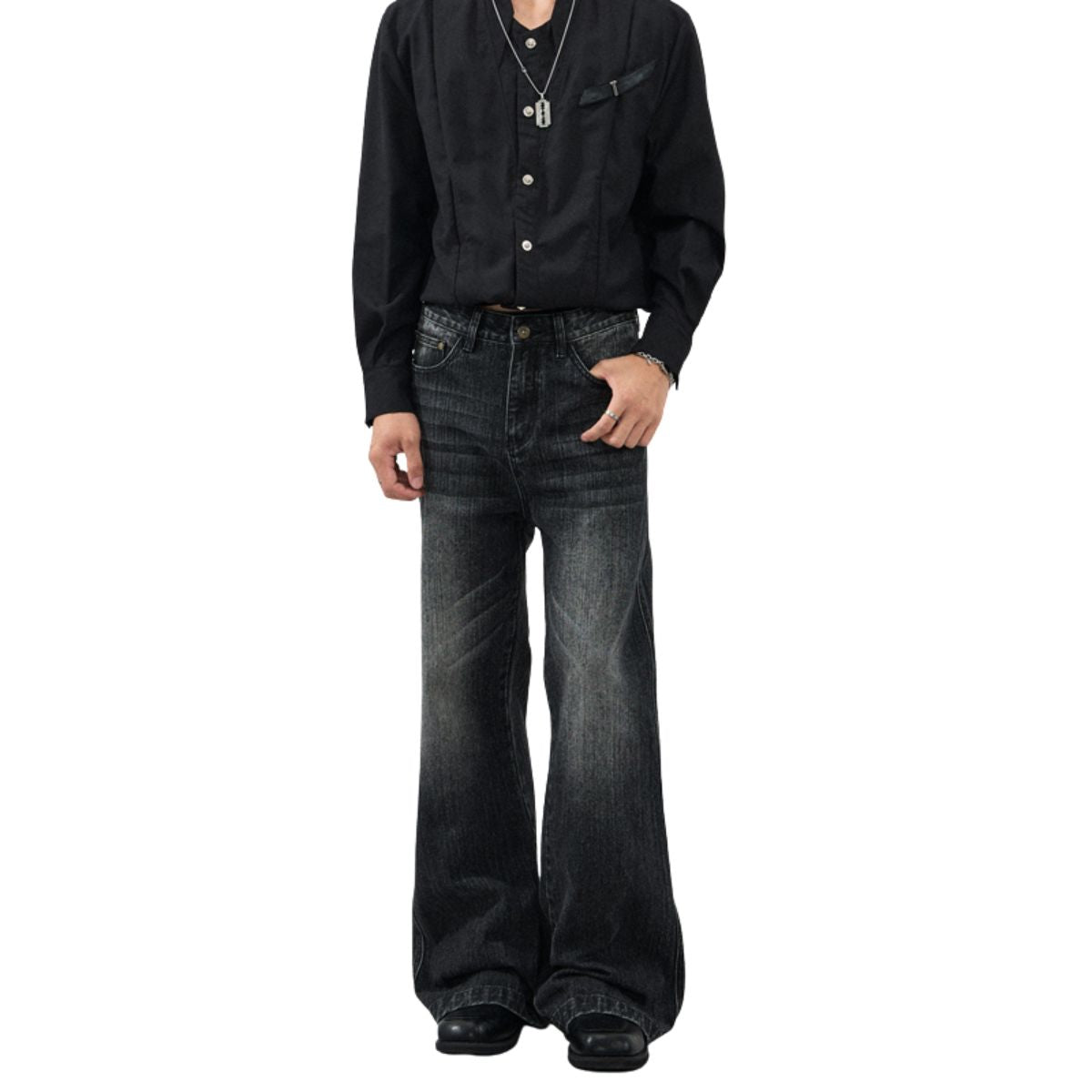 Vintage Washed Black Wide‑Leg Jeans