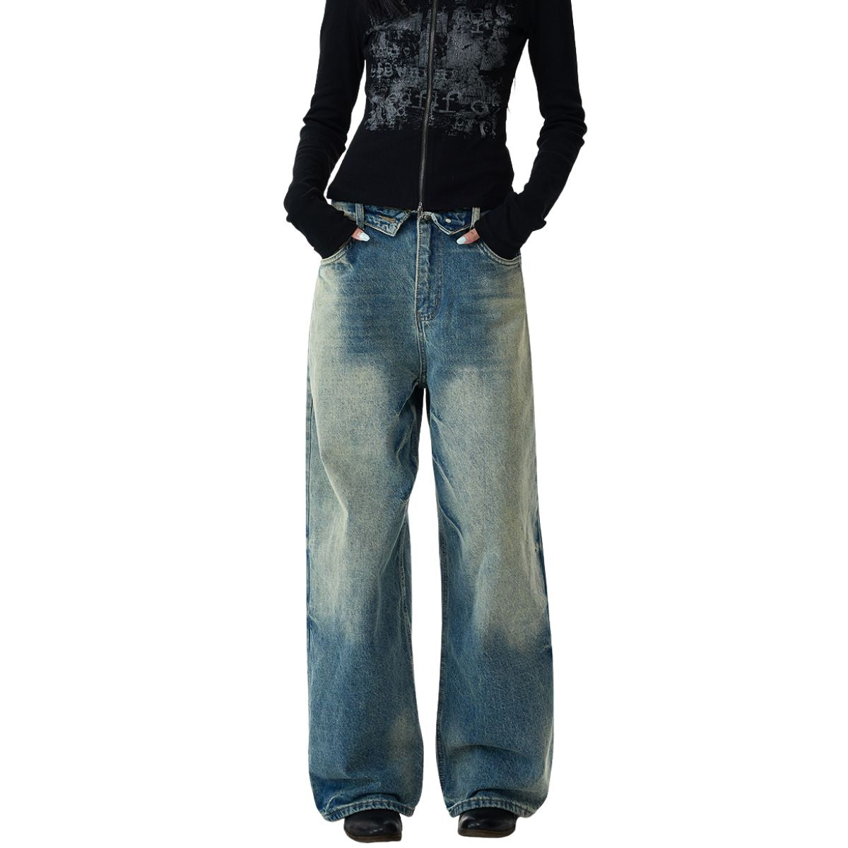 Fold Waist Wide Leg Jeans