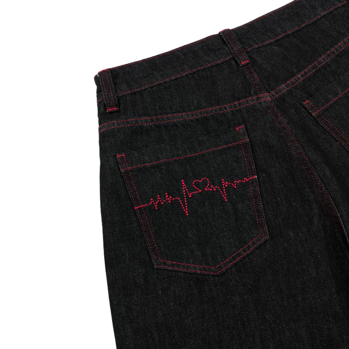 Embroidered Raw Denim Vintage Washed Loose Straight‑Leg Jeans