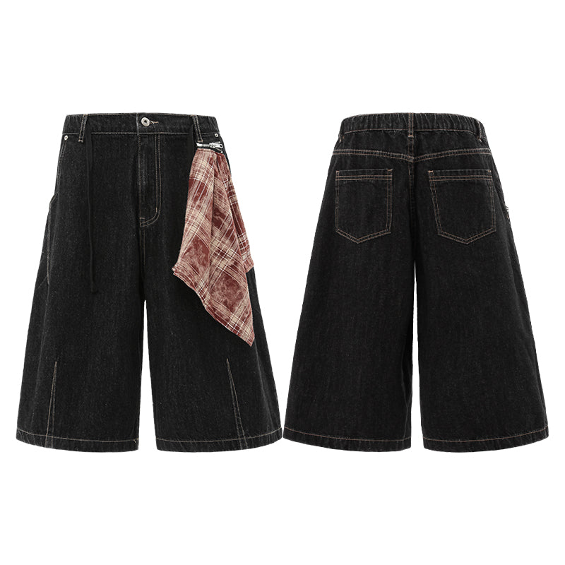 Checkered Bandana Baggy Denim Bermuda Shorts