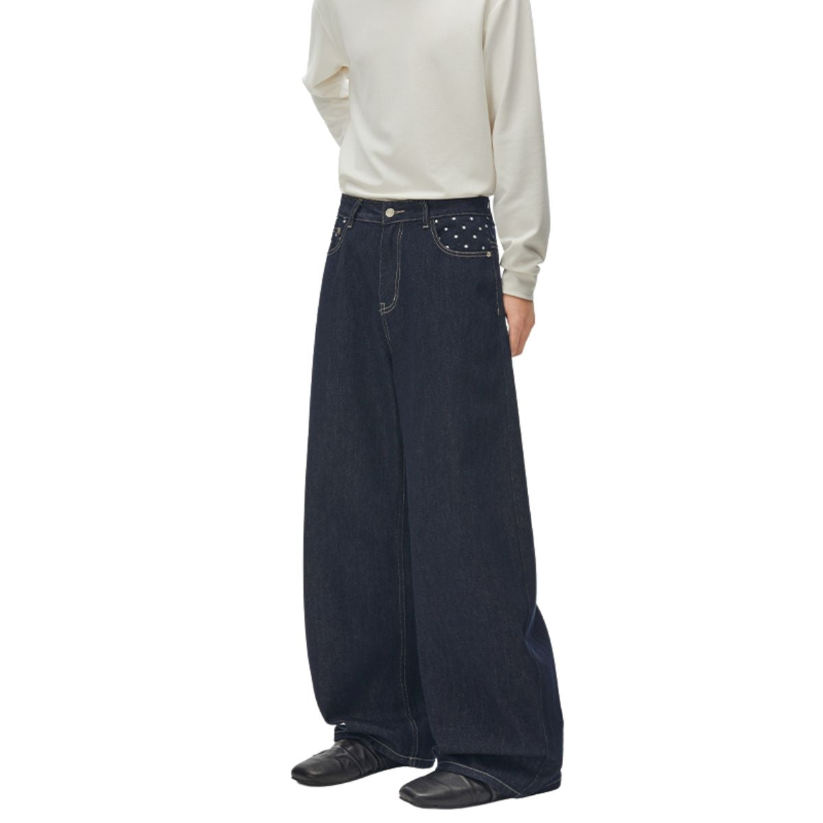 Star‑Print Curved Blade Raw Denim Jeans