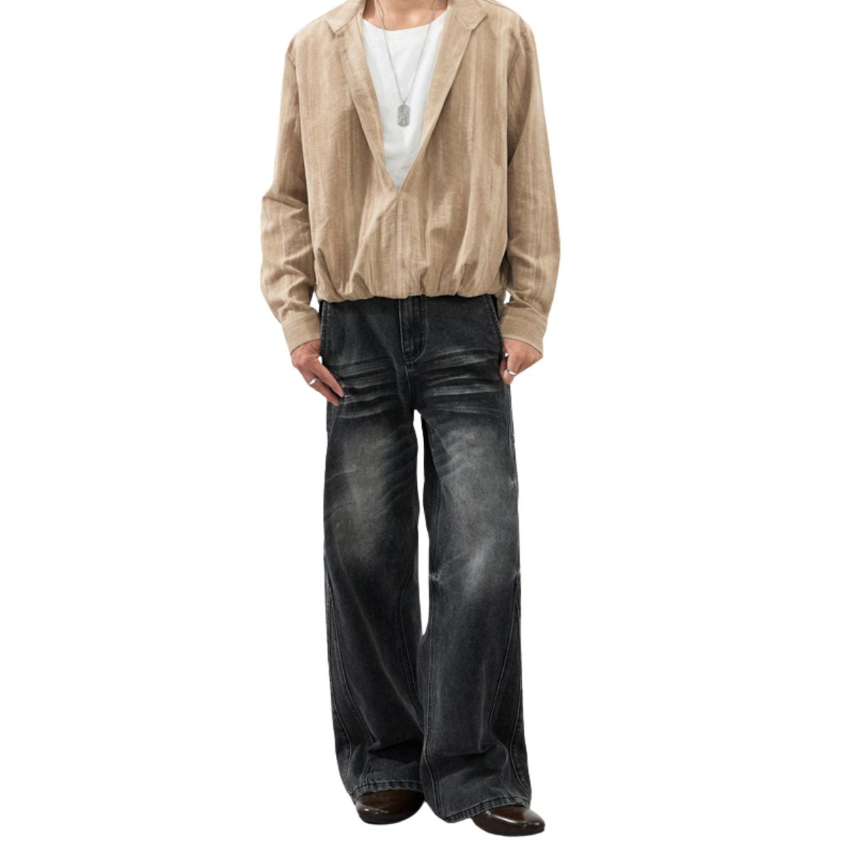 Gray Washed Workwear‑Style Wide‑Leg Jeans