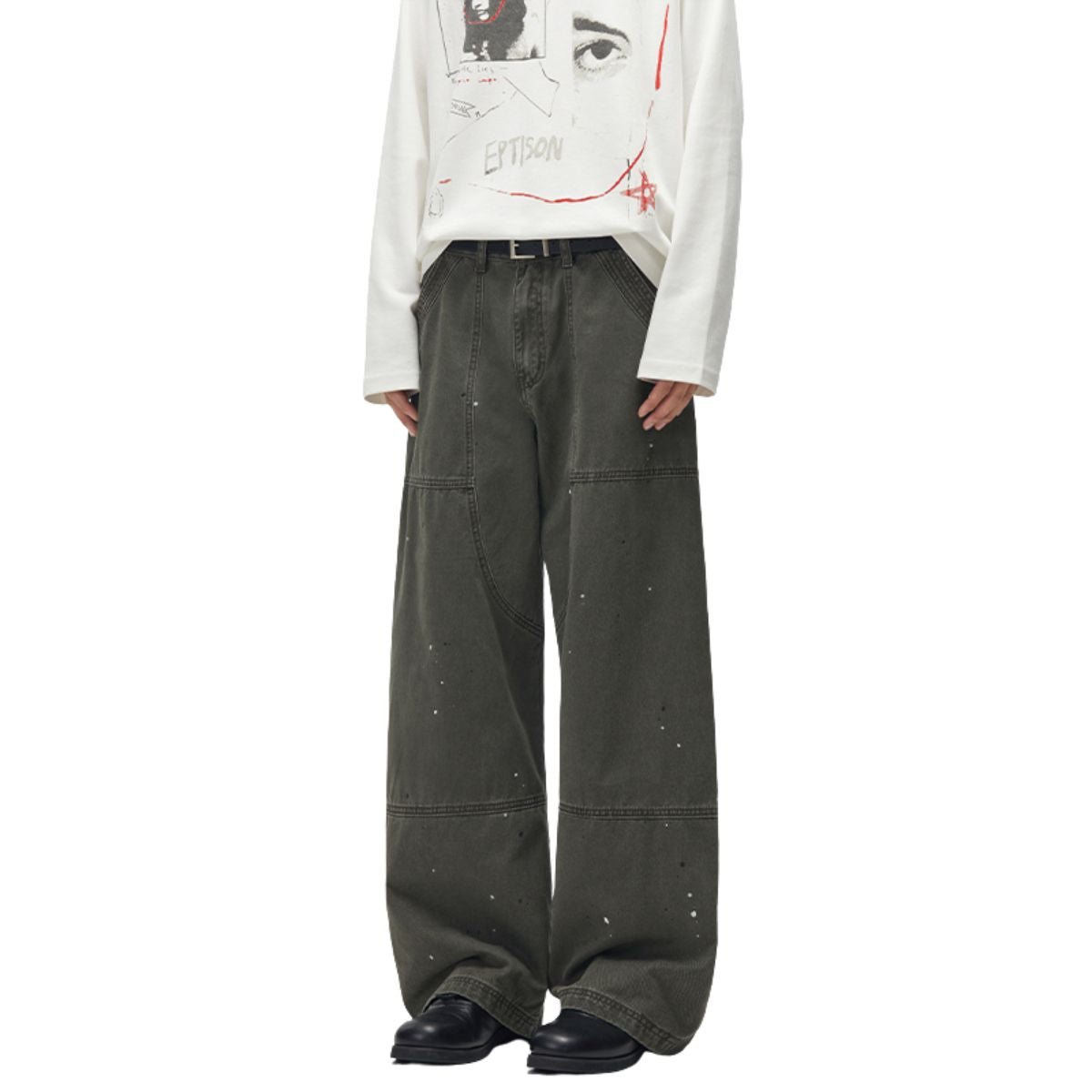 Paint‑Splatter Spliced Dark‑Green Loose Casual Pants