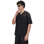 Openwork Lace-Stitching V-Neck Boxy Tee