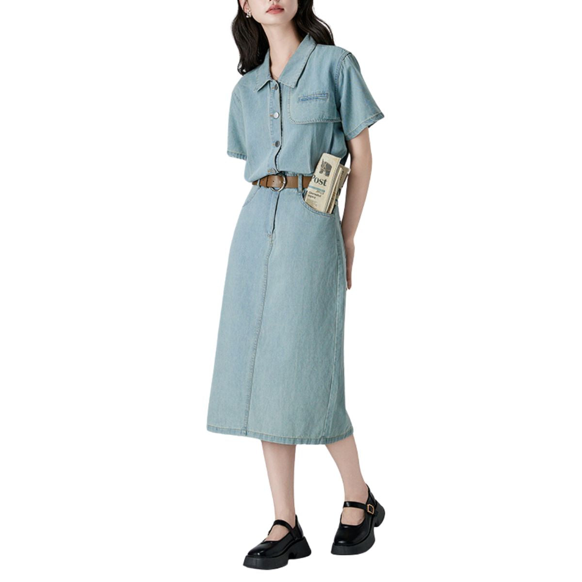 Vestido camisero vaquero midi plisado de manga corta