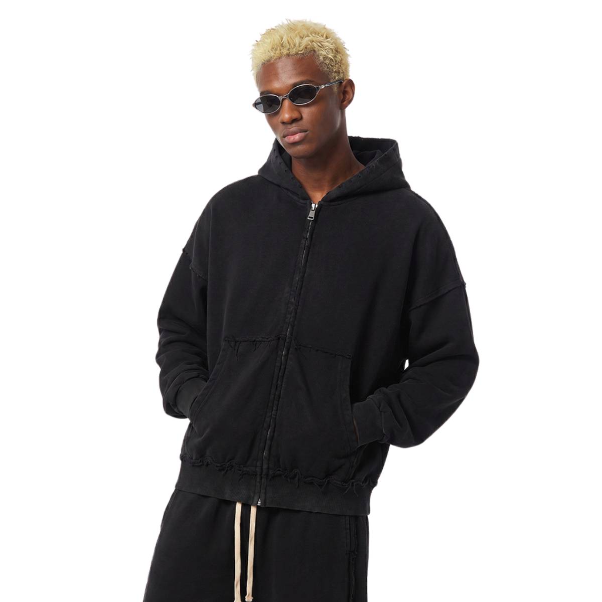 Washed Raw Edge Double Slider Zip Hoodie