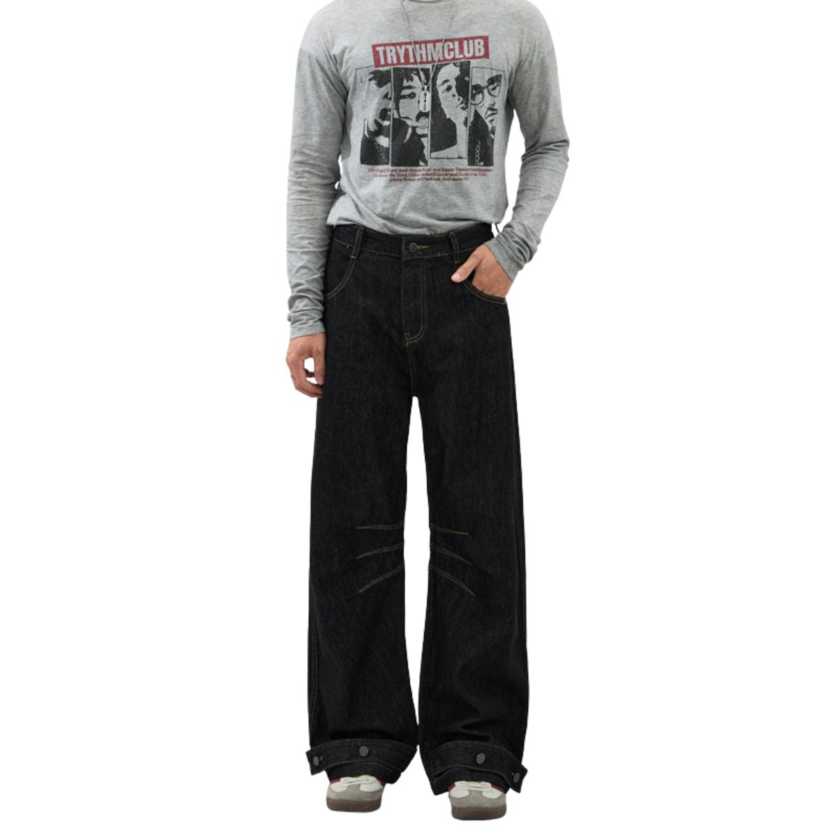 Raw Black Deconstructed Curved Wide‑Leg Jeans