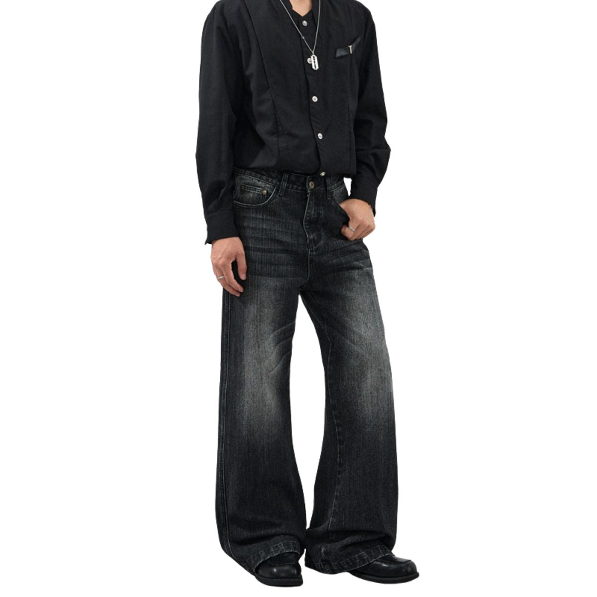Vintage Washed Black Wide‑Leg Jeans