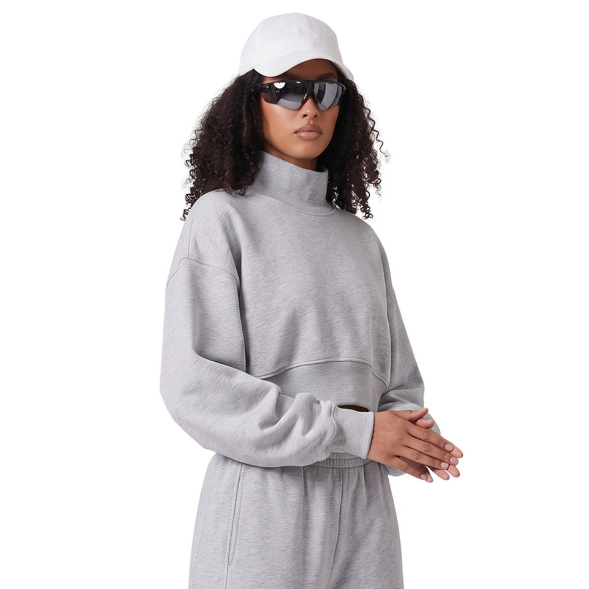 Mock Neck Drop Shoulder Sweatshirt Loose Sleeve Curved Hem