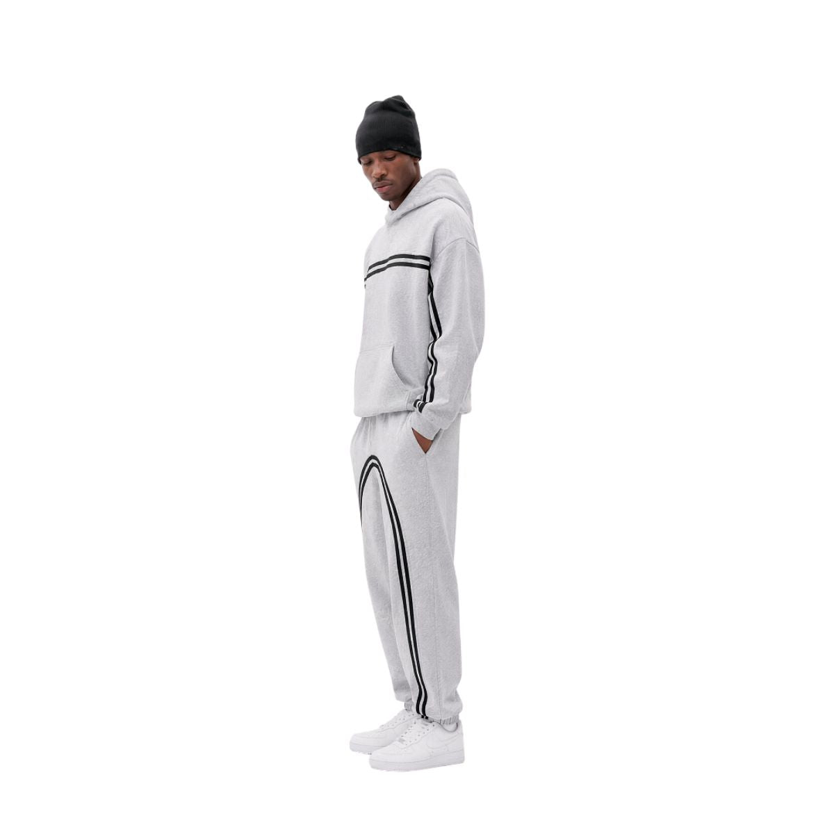 Snow Wash Broken-Seam Color Contrast Webbing Fleece Hoodie