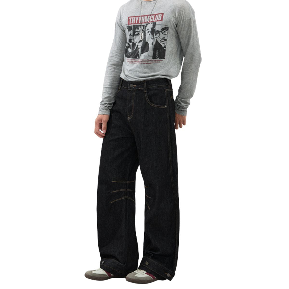 Raw Black Deconstructed Curved Wide‑Leg Jeans