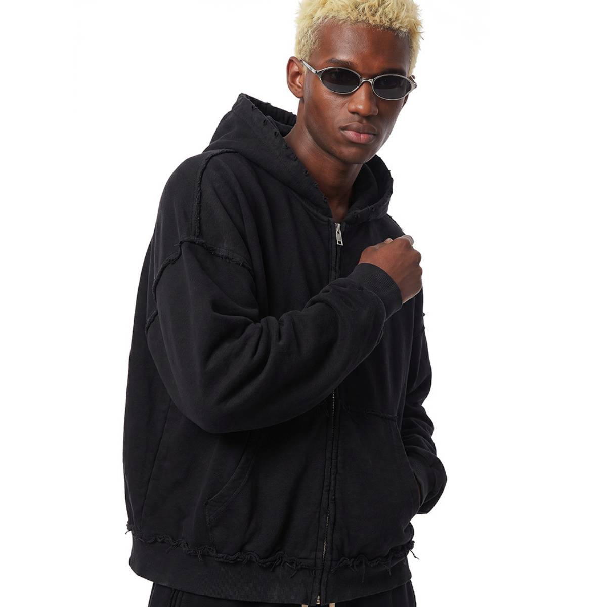 Washed Raw Edge Double Slider Zip Hoodie
