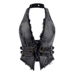 Women's Y2K Backless Fringe CorsetDenim Halter Top