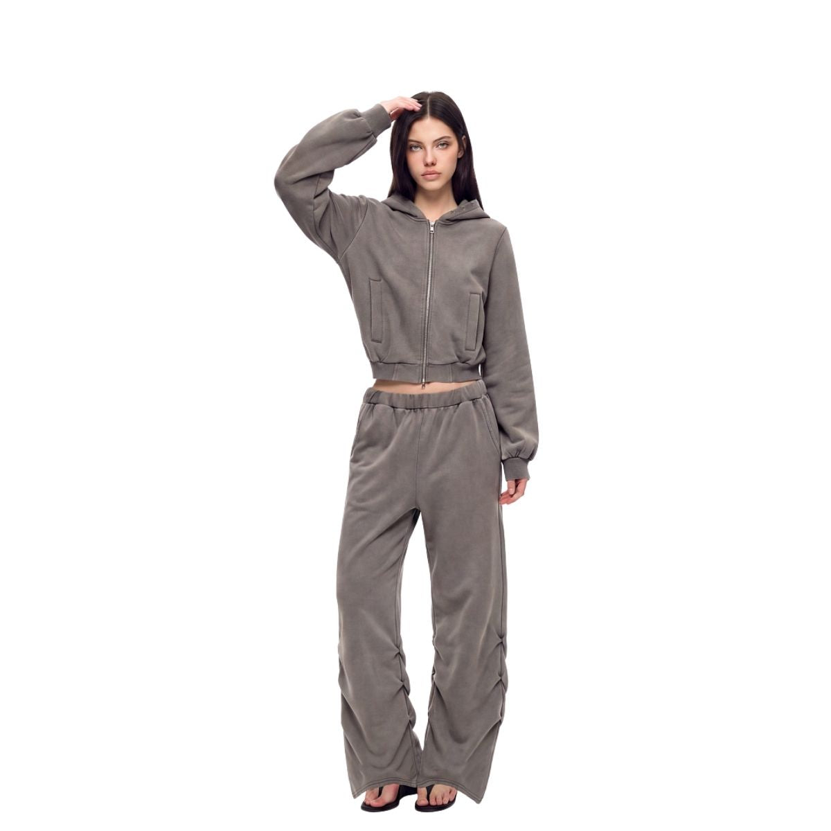 Women's Snow‑Wash Distressed Cropped Double Zip Hoodie