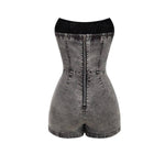 Women's Y2K Strapless Bodycon Wrap Front Short Denim Romper
