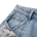 Risen Jeans Raw Hem Embroidered Pearl-Frog Closures Jeans