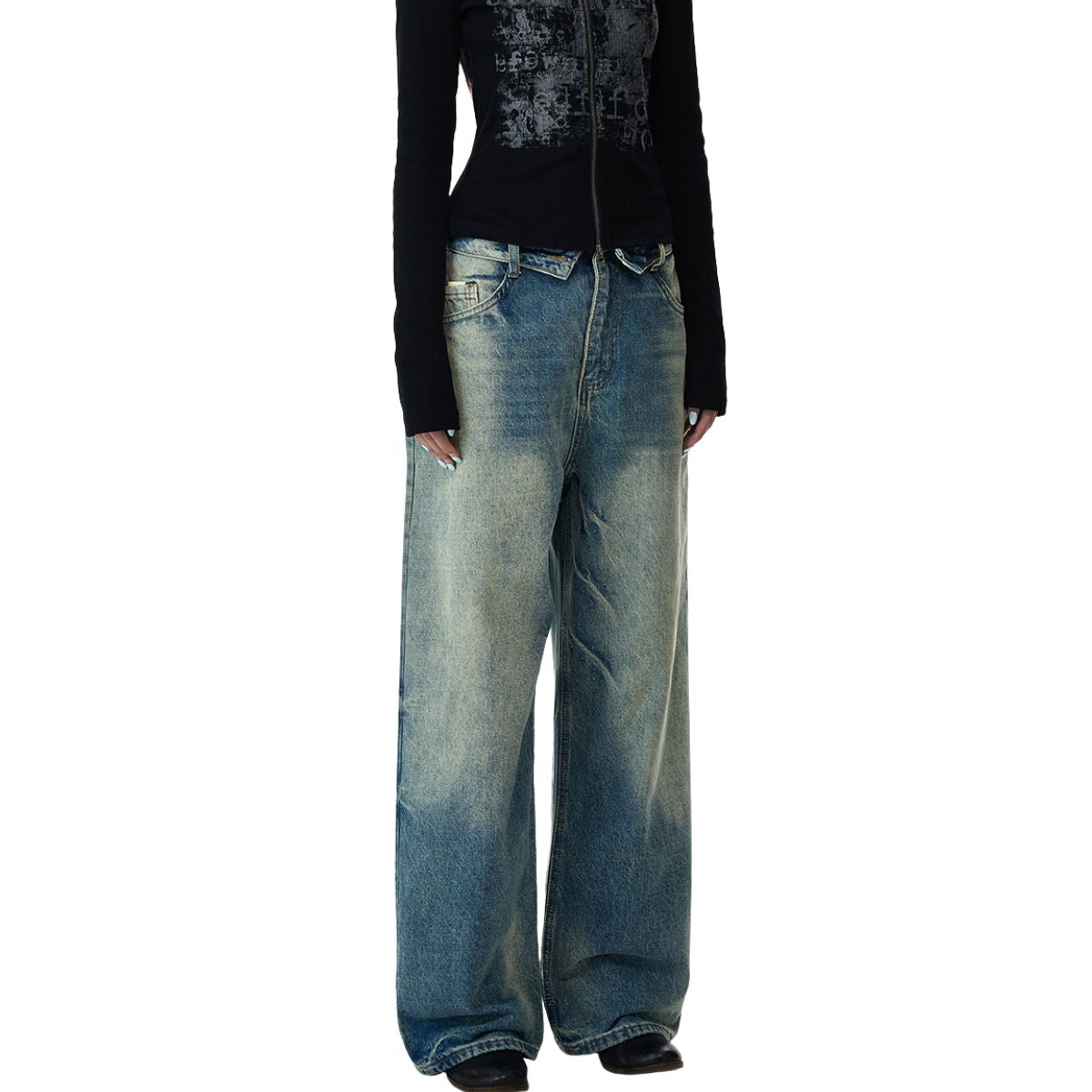Fold Waist Wide Leg Jeans