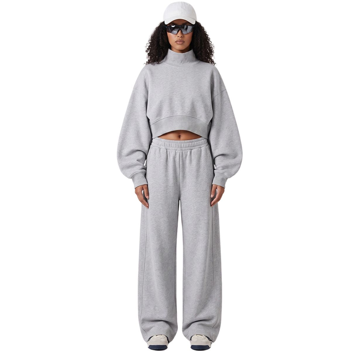 Mock Neck Drop Shoulder Sweatshirt Loose Sleeve Curved Hem