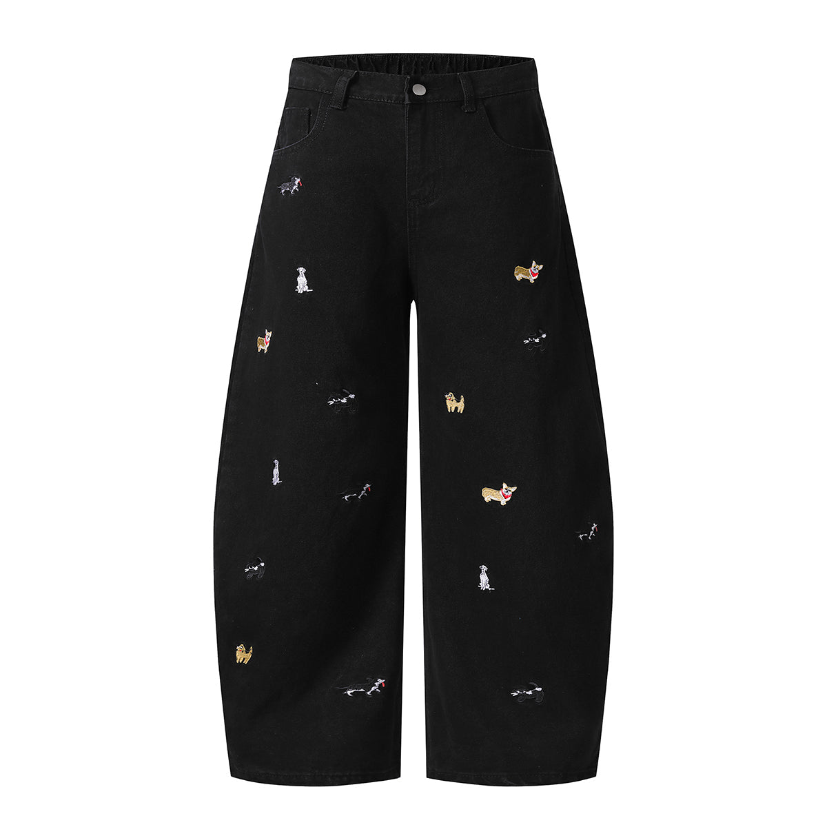 Washed Faded Dog-Embroidered Barrel-Leg Jeans