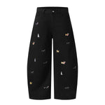 Washed Faded Dog-Embroidered Barrel-Leg Jeans