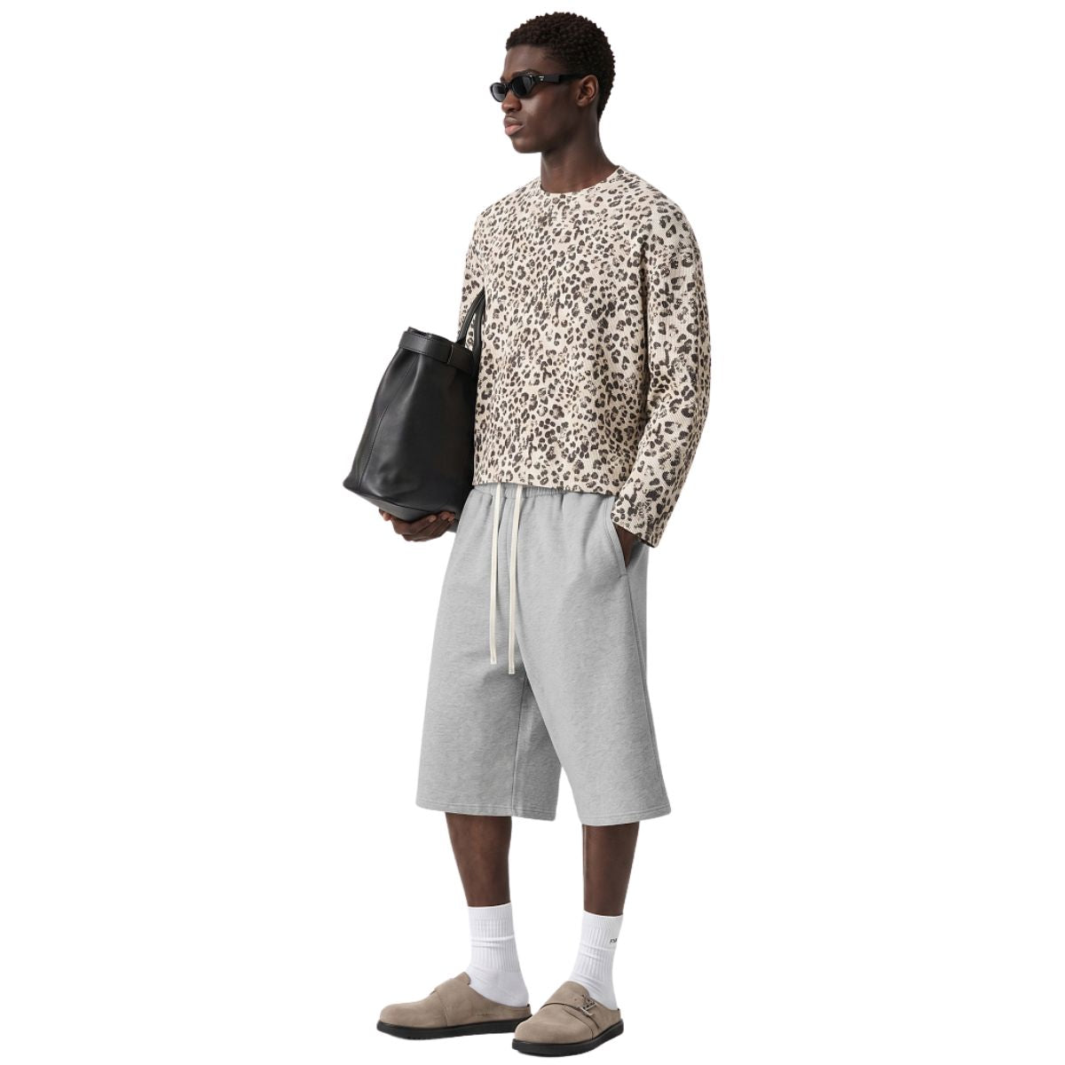 Leopard Print Waffle‑Knit Crew Neck Long Sleeve T‑Shirt
