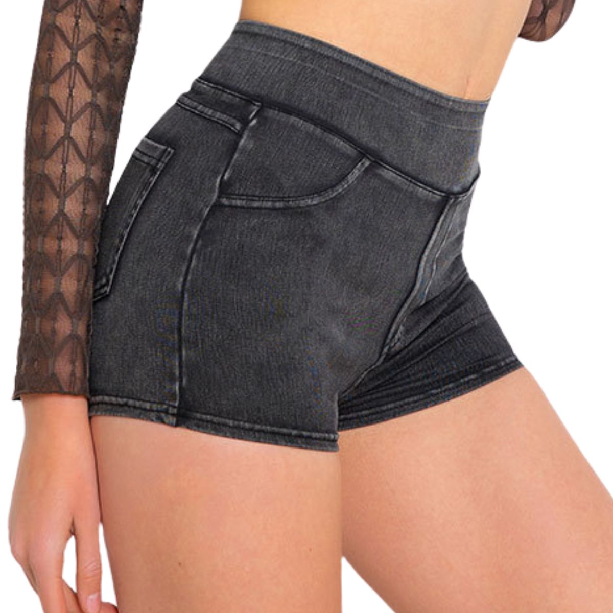 Mid-Waisted Washed Knit Denim Shorts