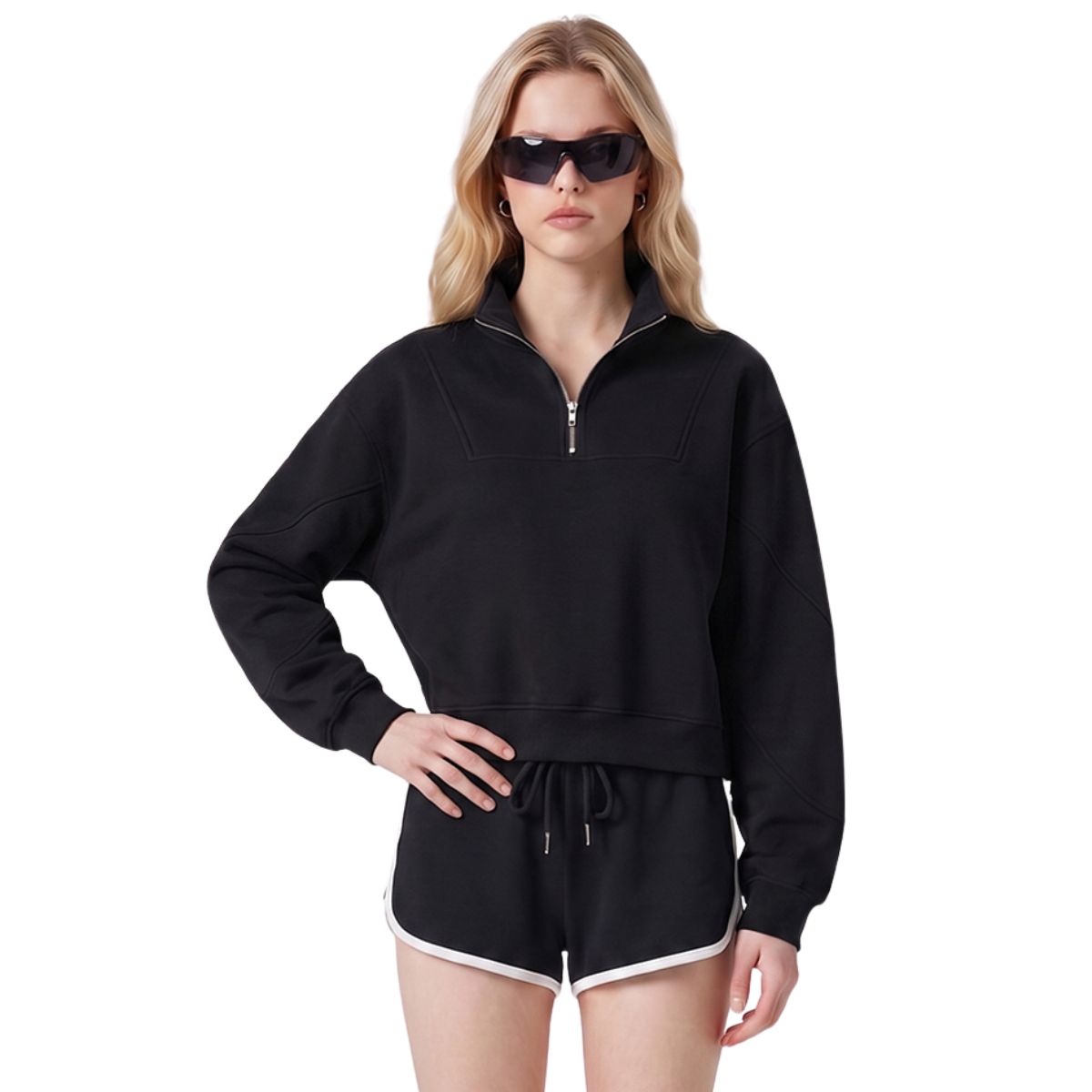 Short Wide Batwing Mock Neck Zip Up Sports Sweatshirt