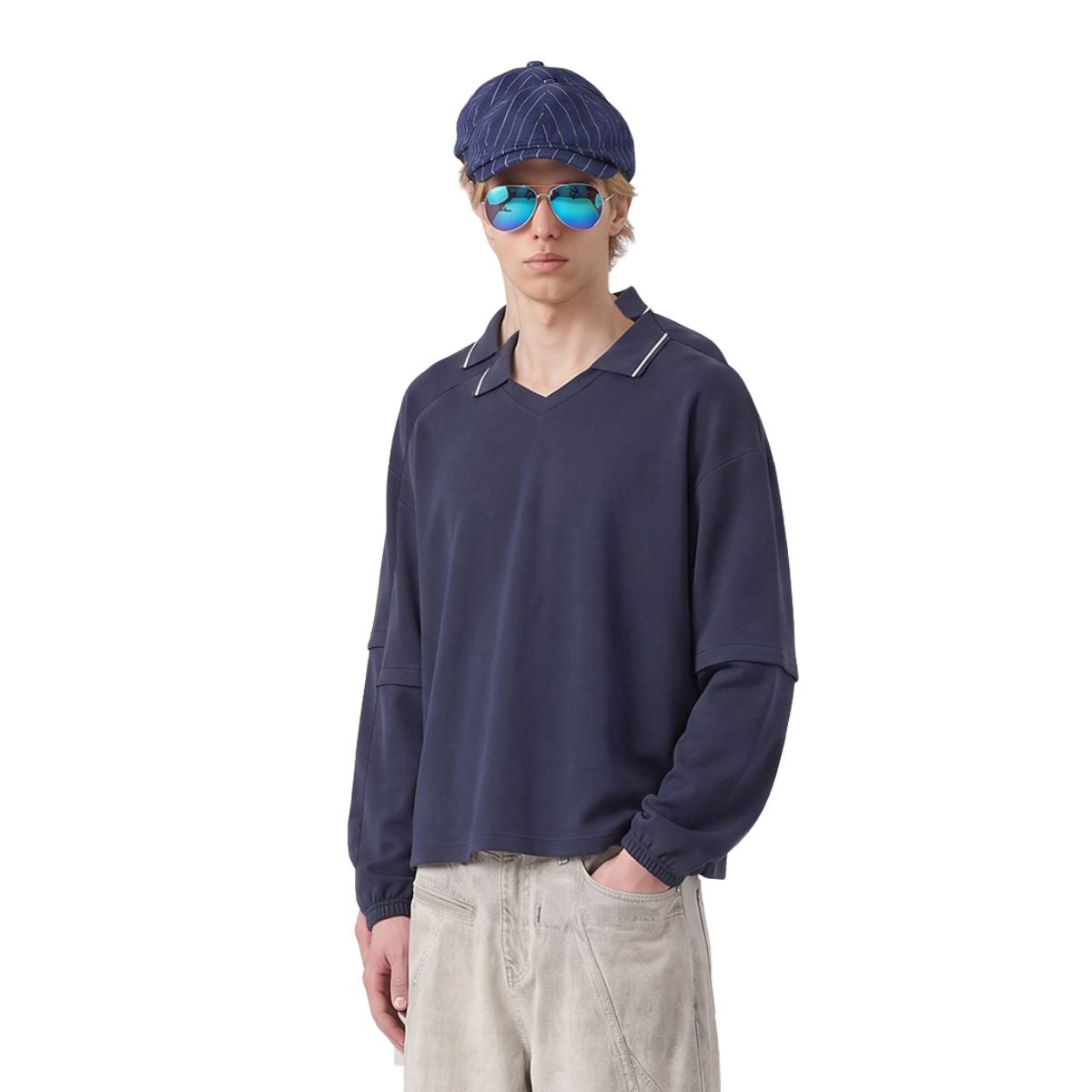 V‑Neck Color‑Contrast Hem Adjustable Drawstring Elastic Polo Sweatshirt