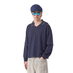 V‑Neck Color‑Contrast Hem Adjustable Drawstring Elastic Polo Sweatshirt