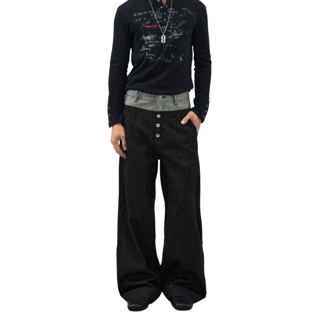 Two‑Tone Waistband Black Wide‑Leg Denim Jeans