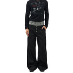Two‑Tone Waistband Black Wide‑Leg Denim Jeans