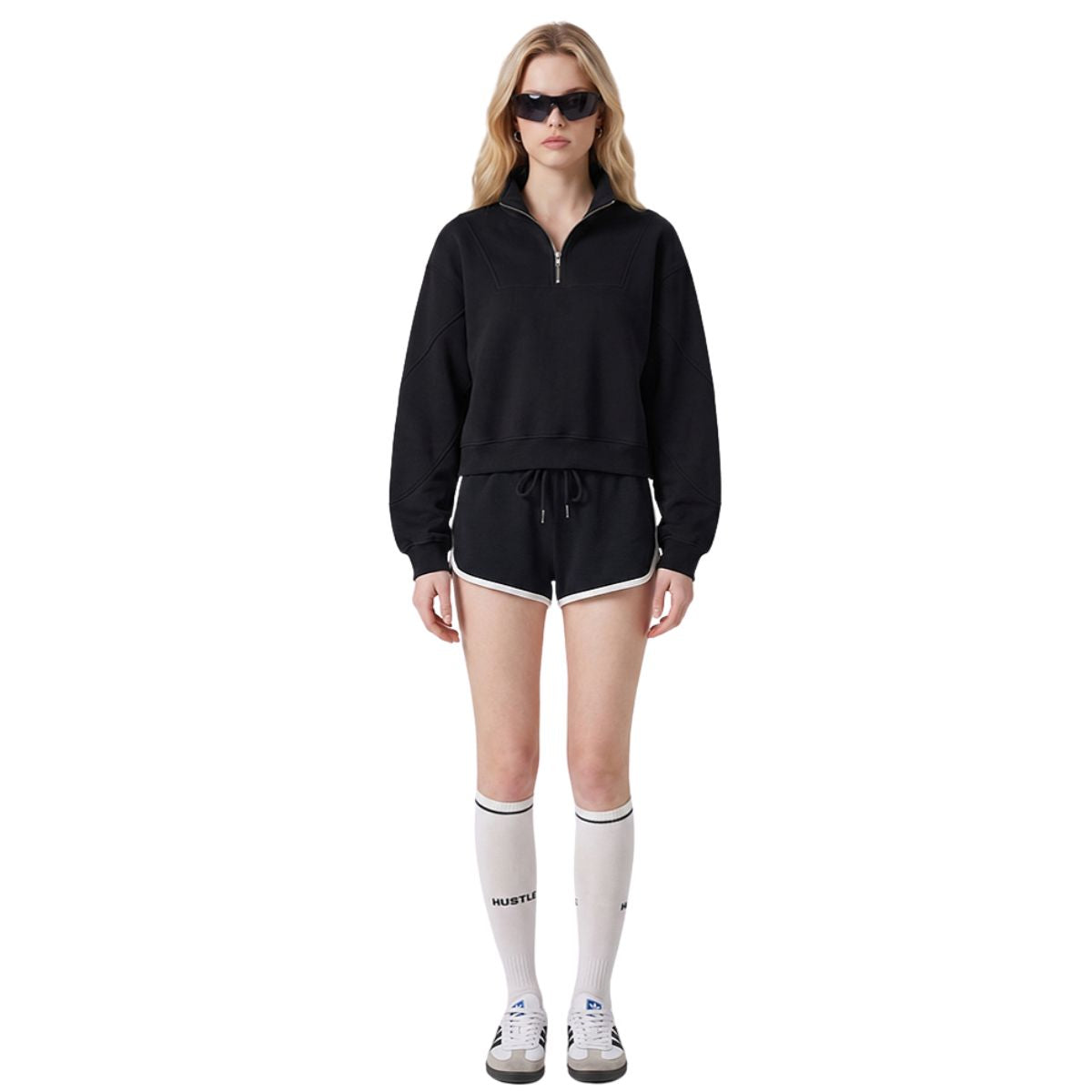 Short Wide Batwing Mock Neck Zip Up Sports Sweatshirt