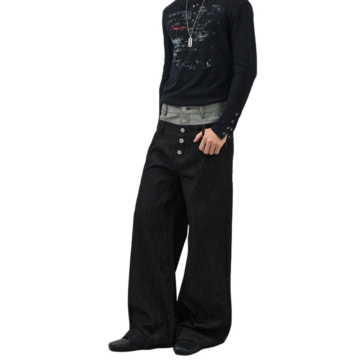 Two‑Tone Waistband Black Wide‑Leg Denim Jeans