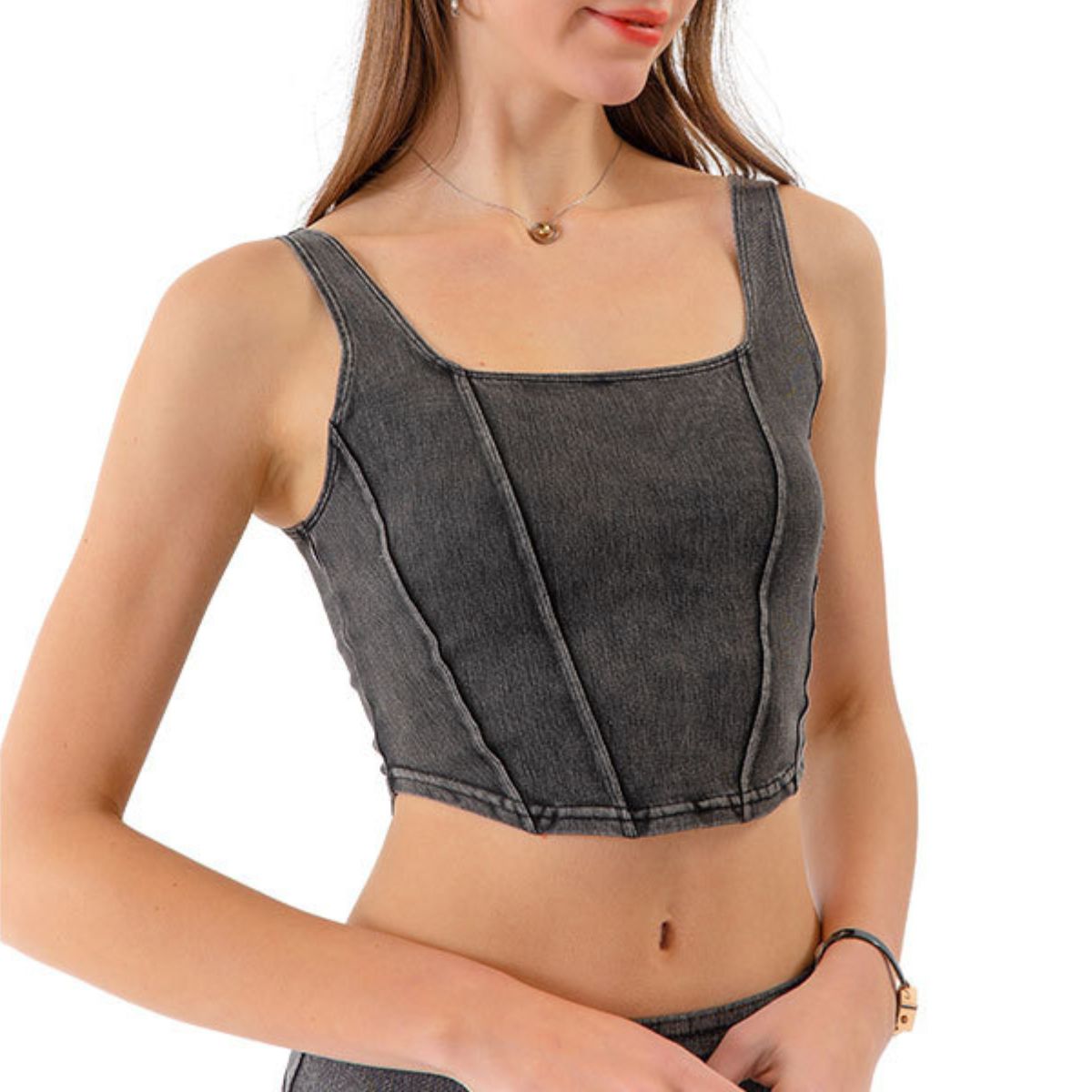 Knit Denim Square Neck Cropped Tank
