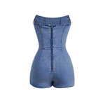Women's Y2K Strapless Bodycon Wrap Front Short Denim Romper