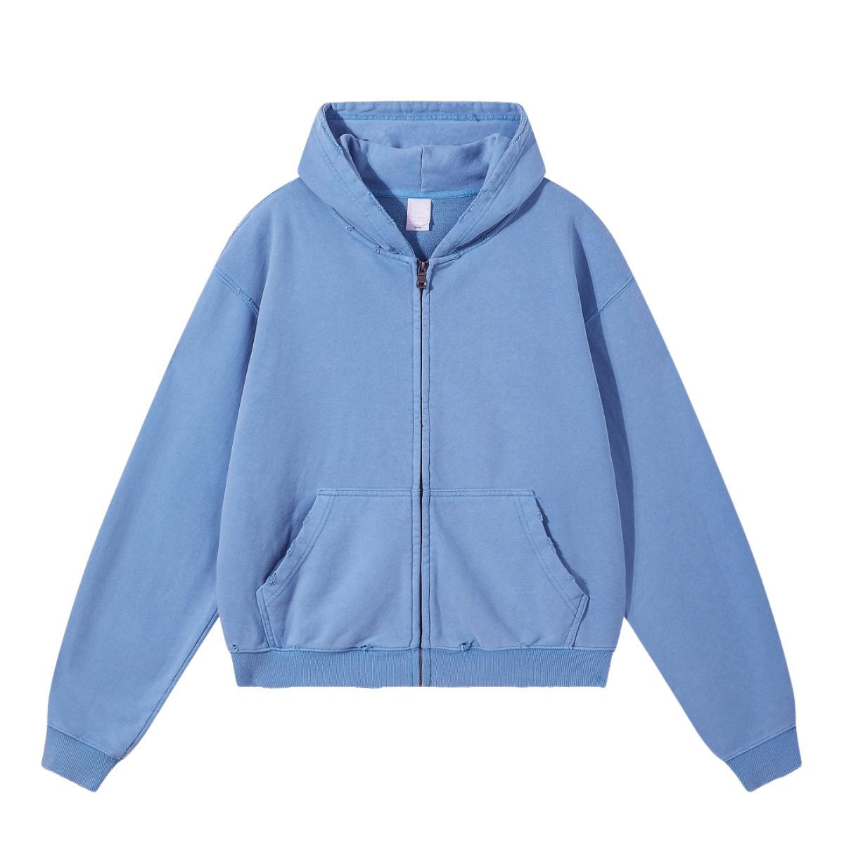 Boxy Cropped Stacked Sleeve Ripped Distressed Full Zip Hoodie