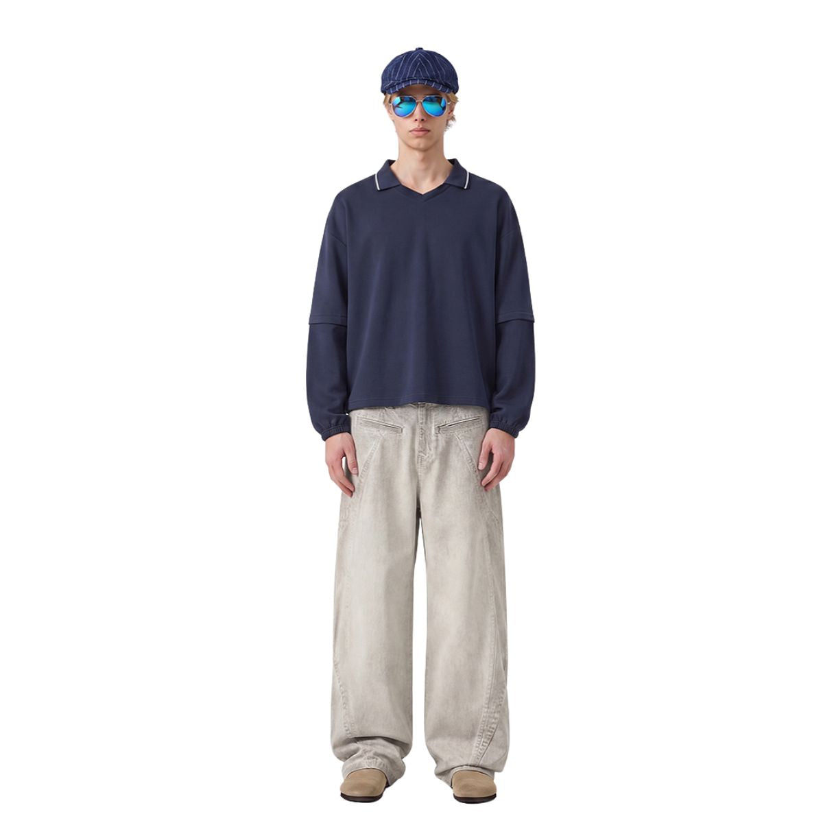 V‑Neck Color‑Contrast Hem Adjustable Drawstring Elastic Polo Sweatshirt