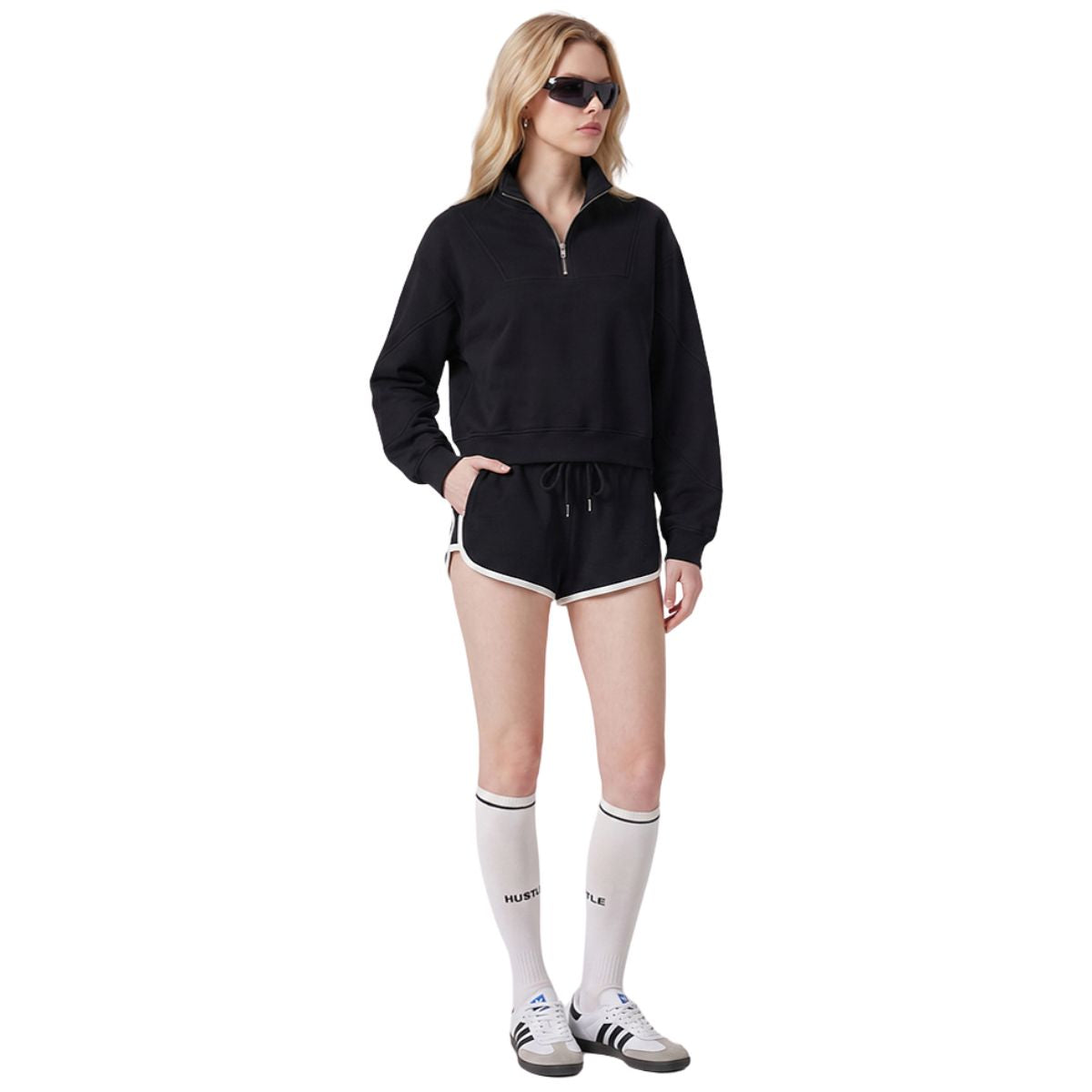 Short Wide Batwing Mock Neck Zip Up Sports Sweatshirt