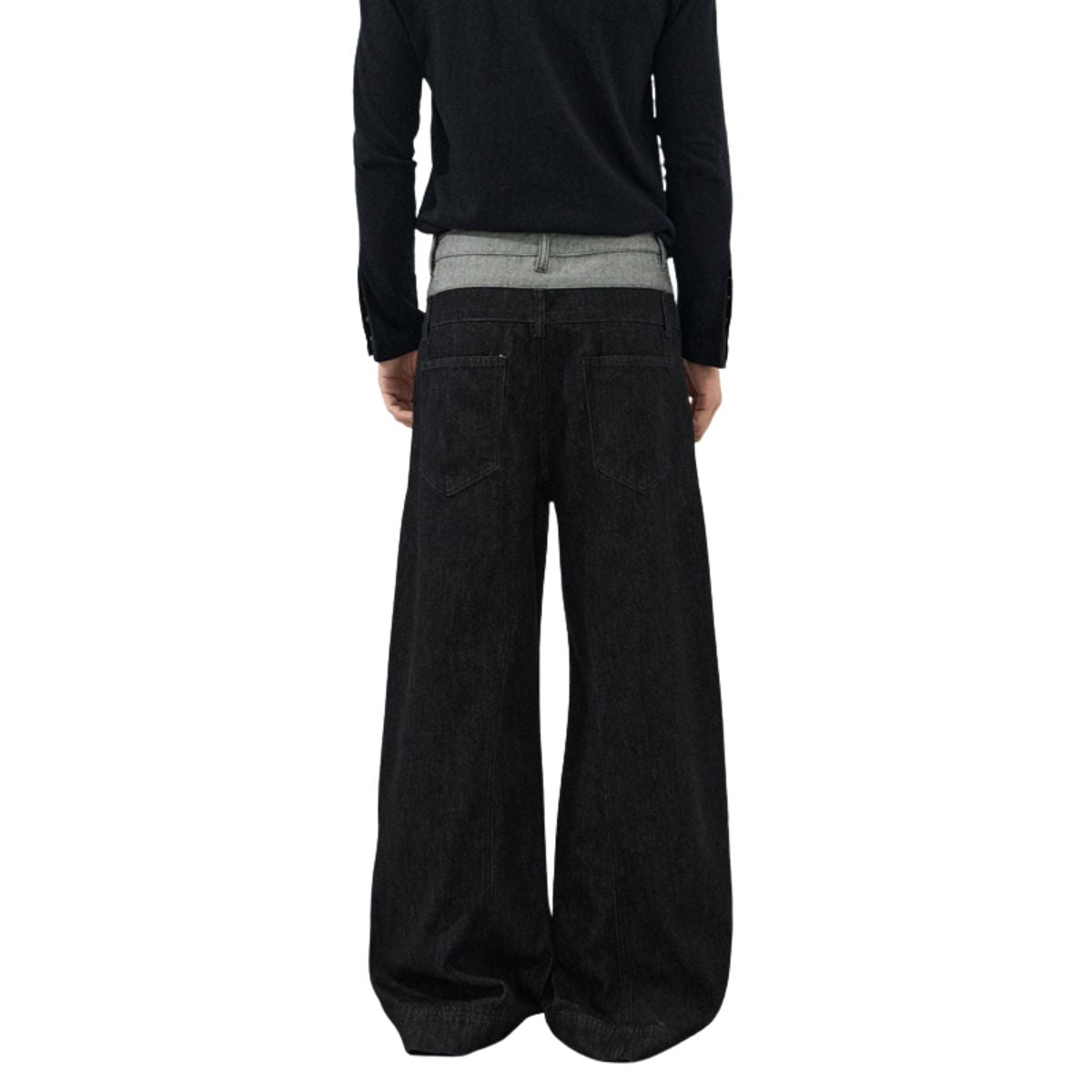 Two‑Tone Waistband Black Wide‑Leg Denim Jeans