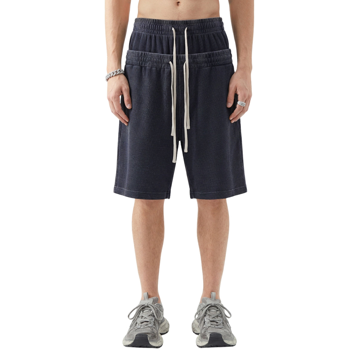 West Coast Waffle Double Waistband Snow Washed Distressed Shorts
