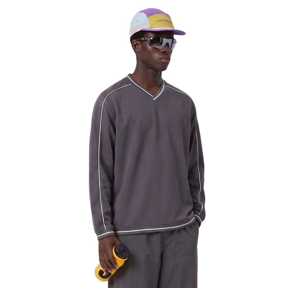 V Neck Contrast Color Drop Shoulder Sweatshirt Loose Fit Ribbed Cuffs