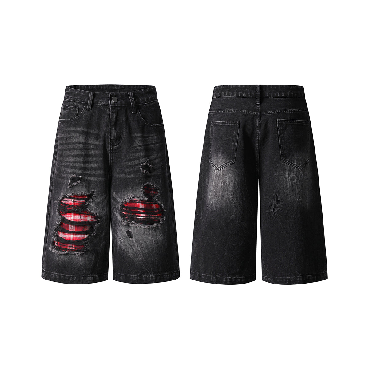 Ripped Patchwork Plaid Denim Bermuda Shorts