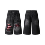 Ripped Patchwork Plaid Denim Bermuda Shorts