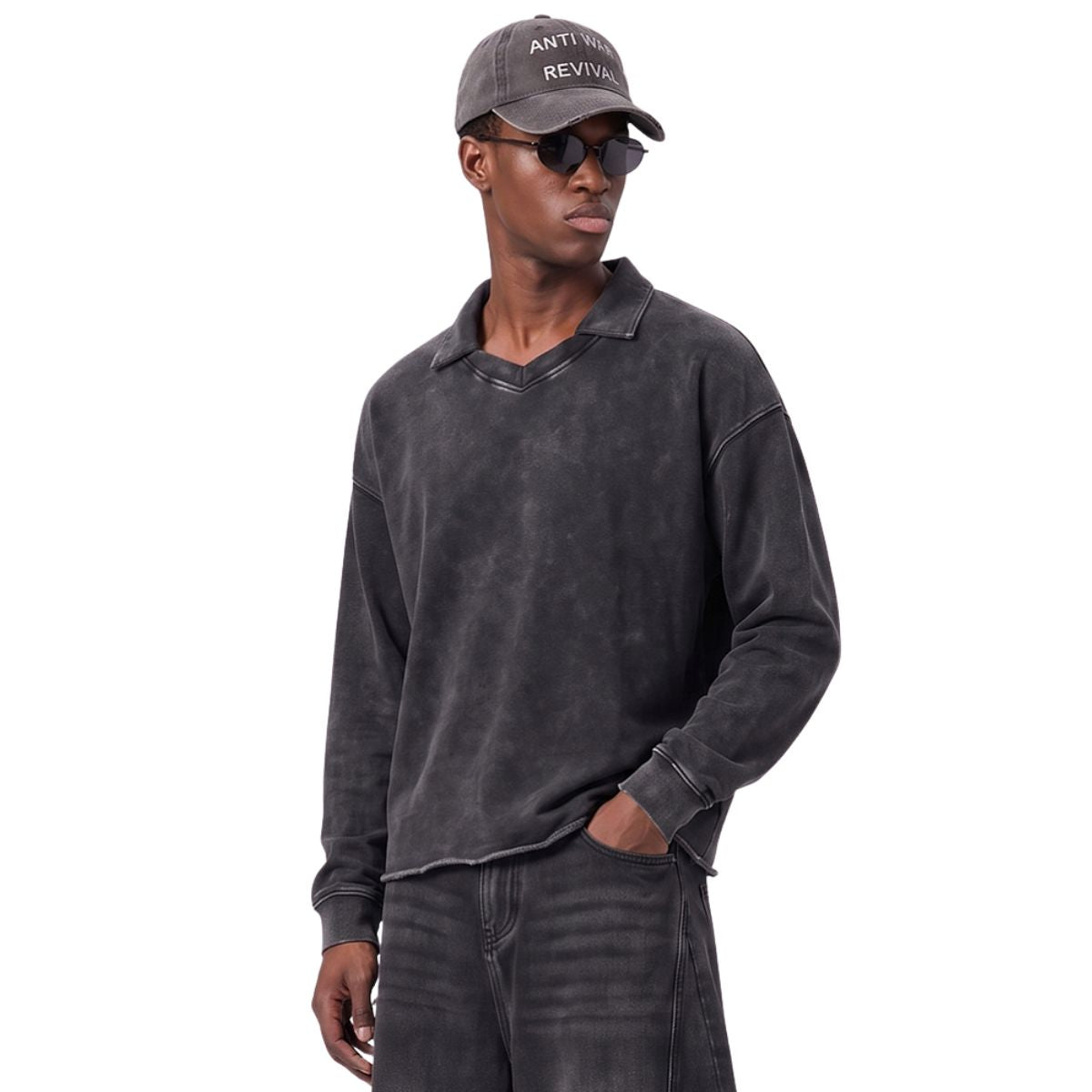 Boxy‑Fit Small V‑Neck Polo Cotton Sweatshirt