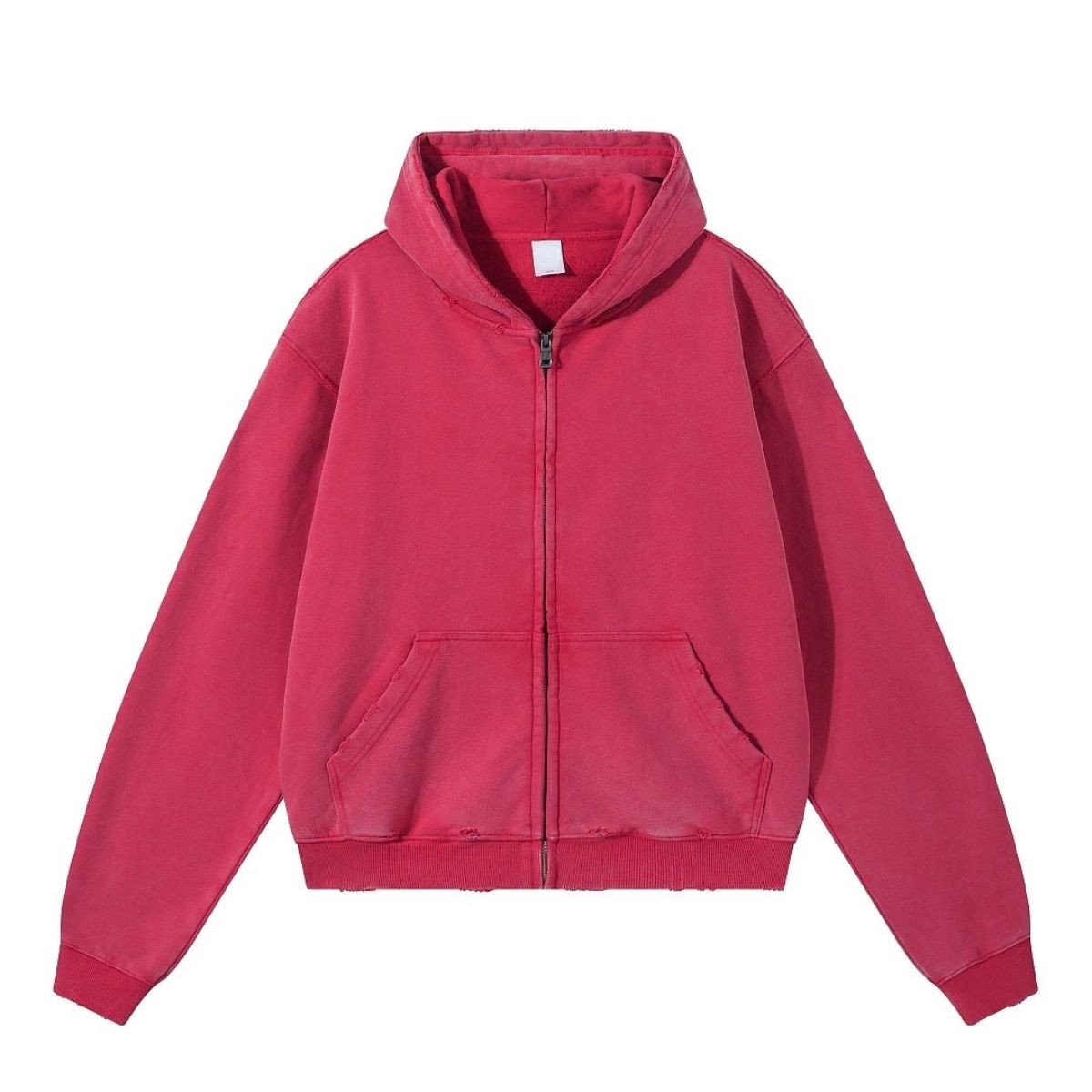 Boxy Cropped Stacked Sleeve Ripped Distressed Full Zip Hoodie