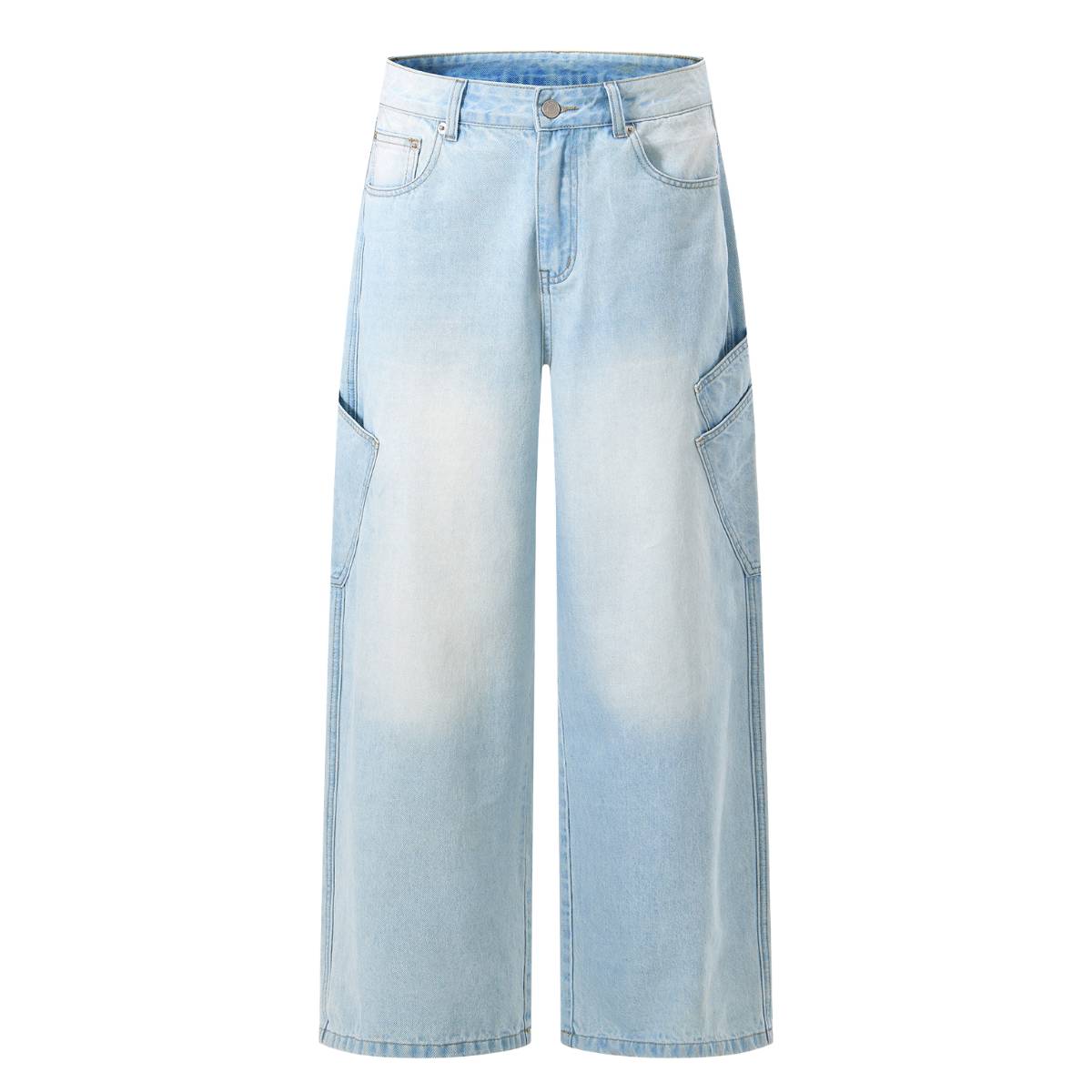 Light Wash Utility Cargo Pocket Wide Leg Jeans