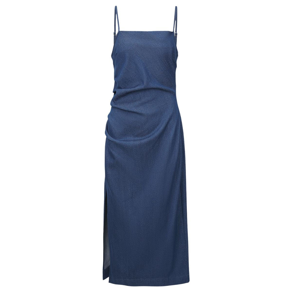 Spaghetti Strap Ruched Midi Denim Dress